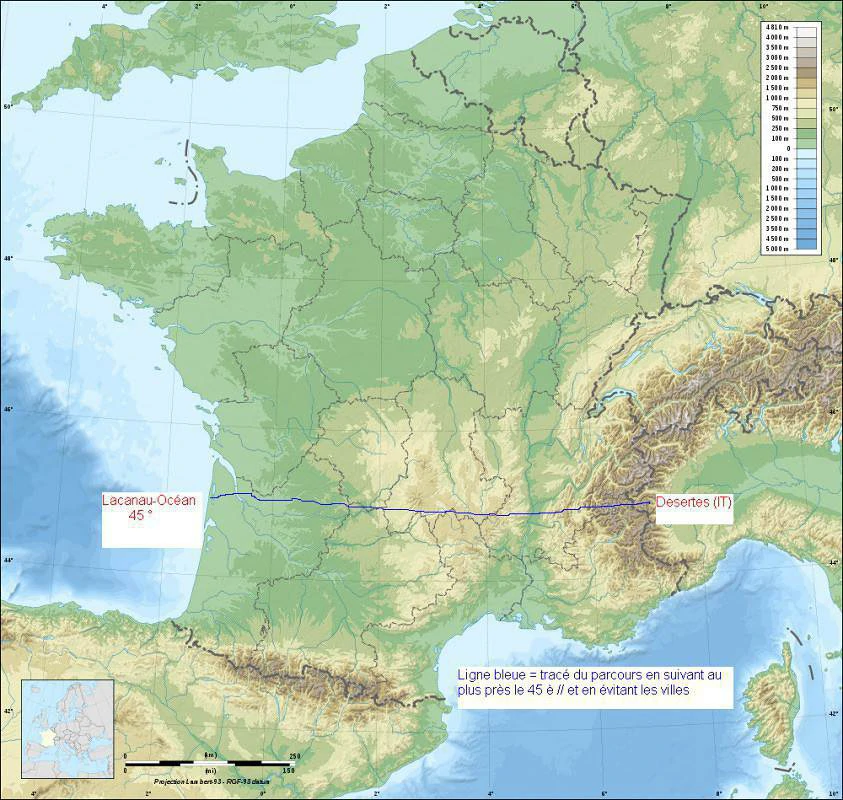 la France et le 45° parallèle Nord sur lequel est situé Saint Georges